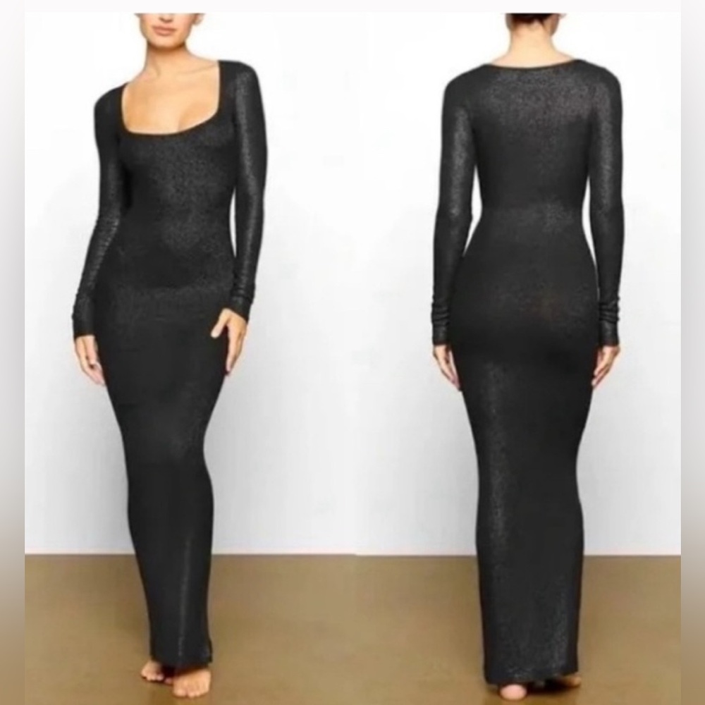 NWT Skims Soft Lounge Shimmer Long Sleeve Dress in Onyx